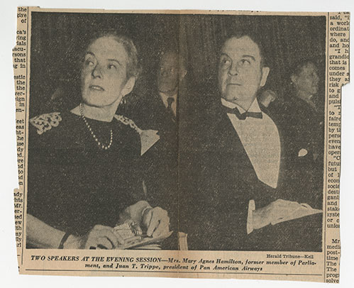 A photo of Mary Agnes Hamilton and Juan T. Trippe, which has been clipped from a newspaper.