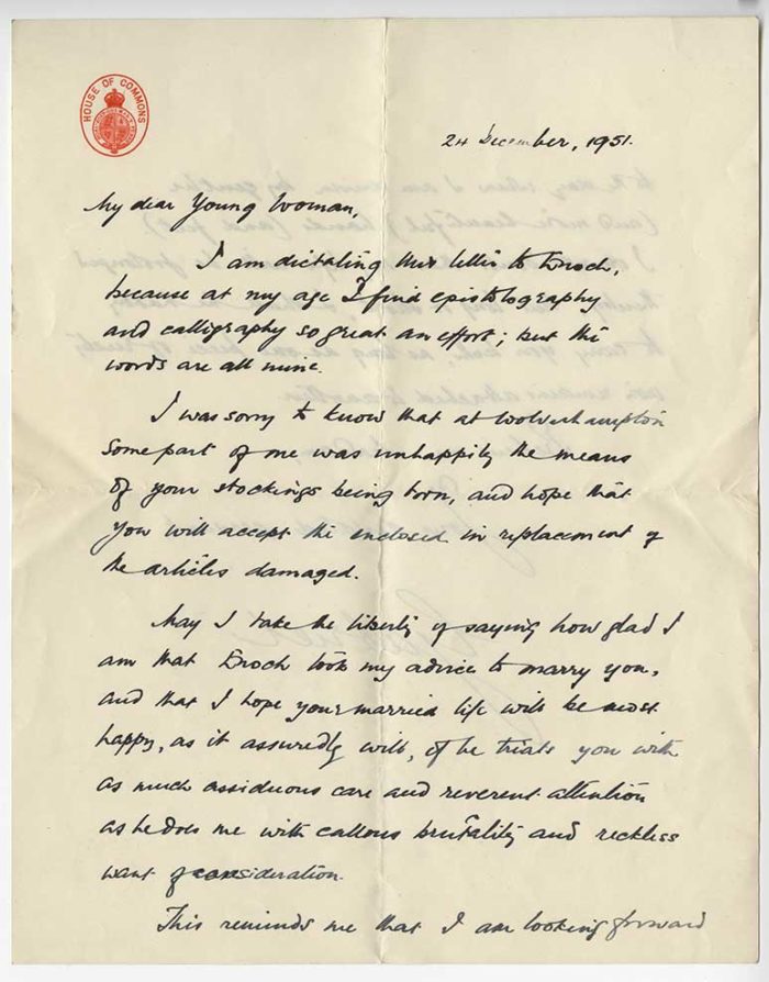 The first page of a handwritten letter, which begins "My dear young woman,"