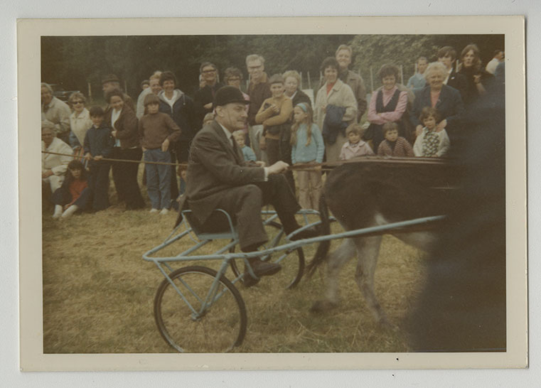 Enoch Powell driving a "sulky" (a lightweight horse drawn vehicle)