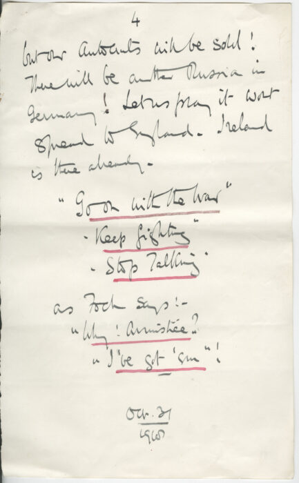 Last page of a letter from Admiral Lord John “Jackie” Fisher to written to George Lambert on 31 Oct 1918, arguing against an armistice with Germany.