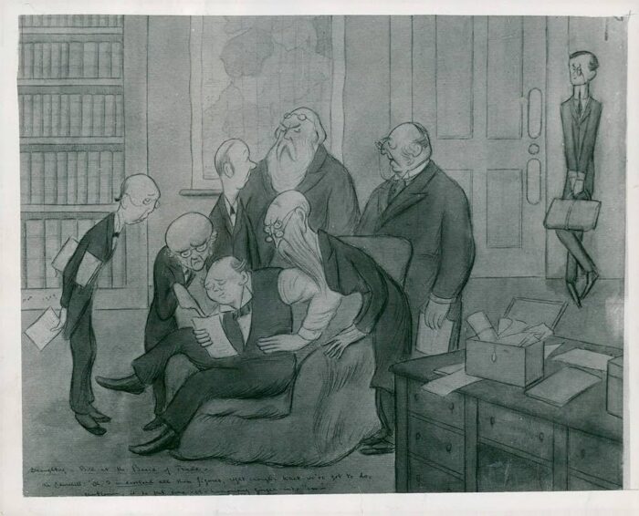 Black and white cartoon by Max Beerbohm showing Churchill with Cabinet colleagues