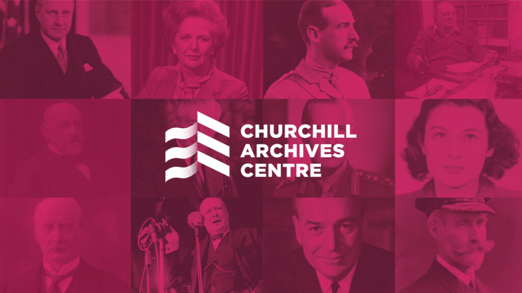 Collage of historical figures' portraits in a pink hue with "Churchill Archives Centre" logo in the center.