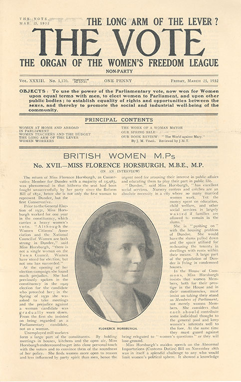 The Vote, The Organ of the Women’s Freedom League, 25th March 1932, HSBR 2/3.