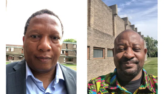 A photograph of Luvuyo Wotshela with Churchill College in the background, beside a photograph of Ayodele Ladokun which also has the College in the background.