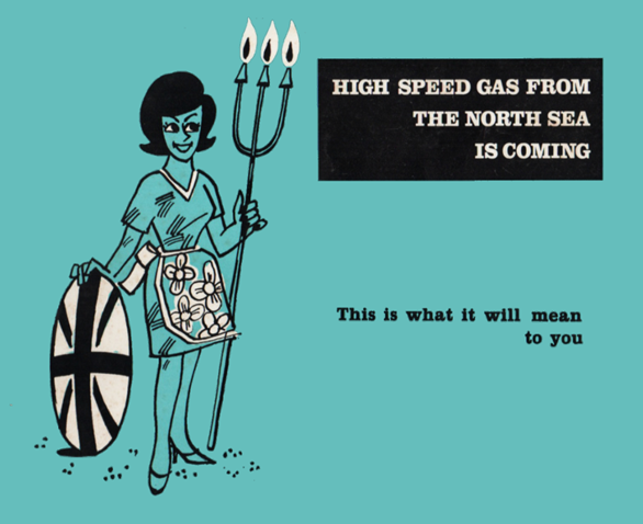 Blue promotional cartoon for North Sea gas featuring a figure of Britannia dressed as a sixties housewife with gas jets coming out of her trident