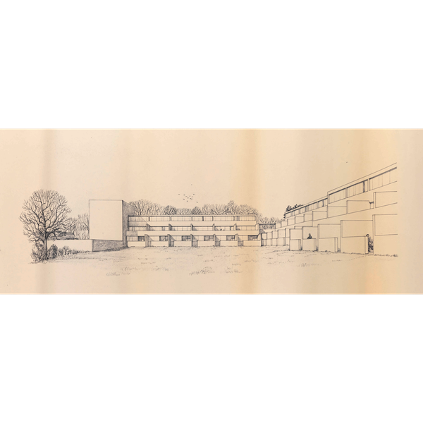 A sketch by David Roberts of the Wolfson Flats, postgraduate accommodation at Churchill College