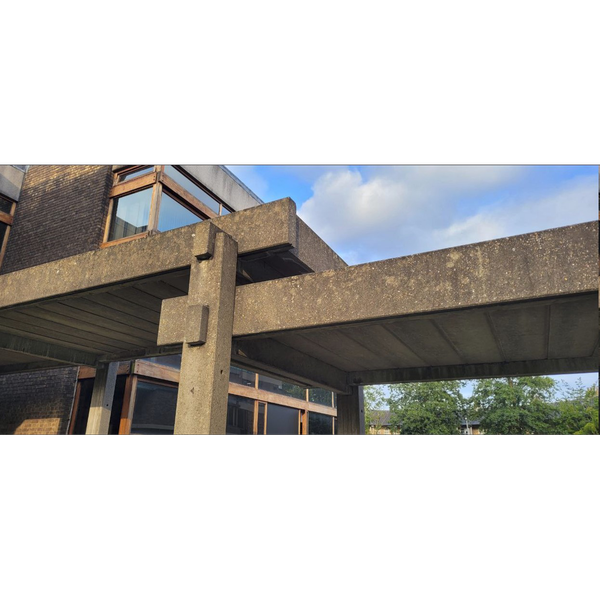 A photograph of one of the covered walkways at Churchill College