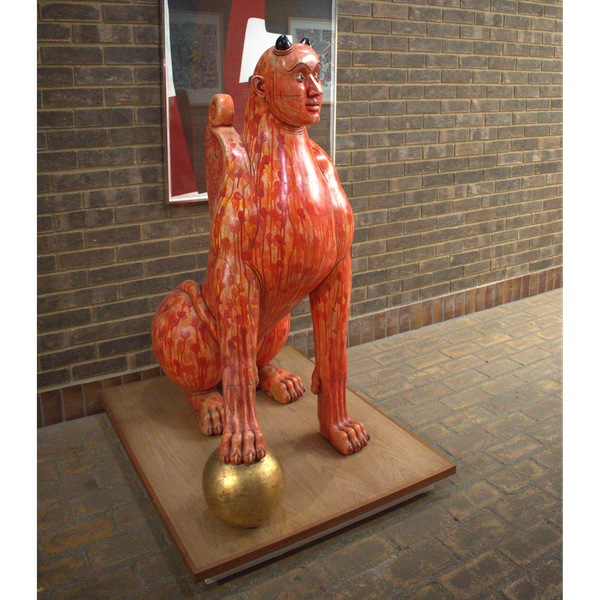 A photograph of Mistry's sculpture, 'Regarding Guardian (Fire)'