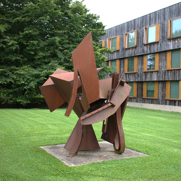 A photograph of 'Broken Butterflies' with Cowan Court in the background