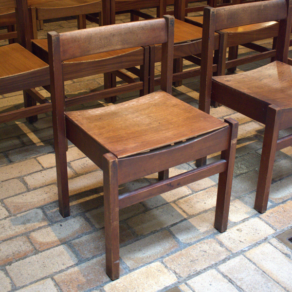 A photograph of the original Robin Day dining hall chairs at Churchill College.