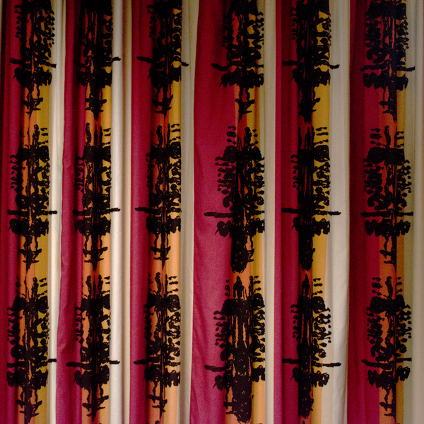 A photograph of the reproductions of Lucienne Day's 'Baldric' curtains.