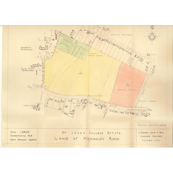 The original site survey of land on which Churchill College would be built by J Carter, Jonas & Sons.