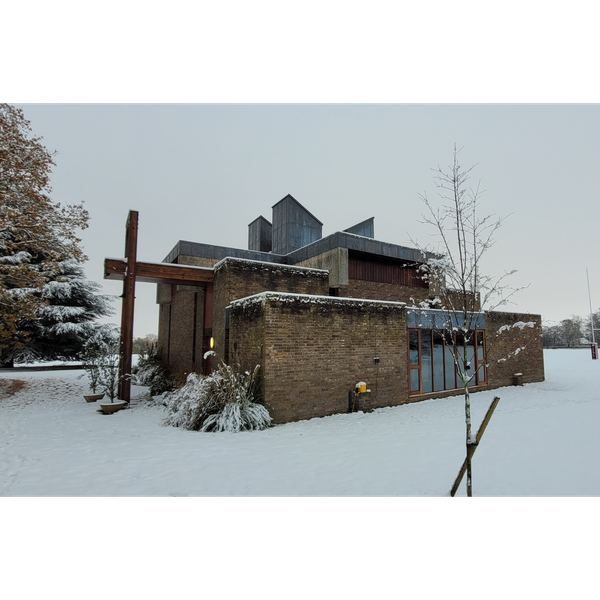 A view of the Chapel at Churchill College in the snow.