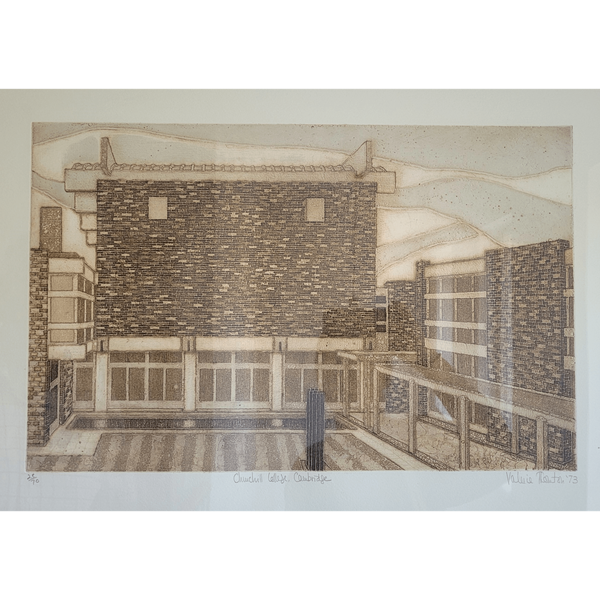 A photograph of a print of Churchill College by Valerie Thonton