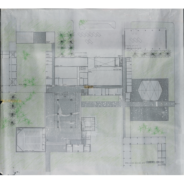 An early Sheppard Robson and Partners plan for the layout of Churchill College