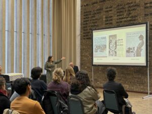 Kathy Davies giving a presentation for students visiting the Archives Centre.