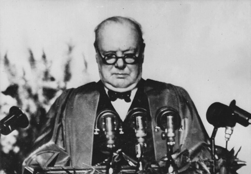 Photograph of Churchill giving the Fulton speech
