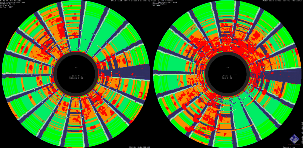 Results after cleaning. You can see that nearly all regions that were previously entirely unreadable now have some data read, even if it isn’t well formatted. The blue spokes are expected!