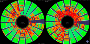 Results after cleaning. You can see that nearly all regions that were previously entirely unreadable now have some data read, even if it isn’t well formatted. The blue spokes are expected!