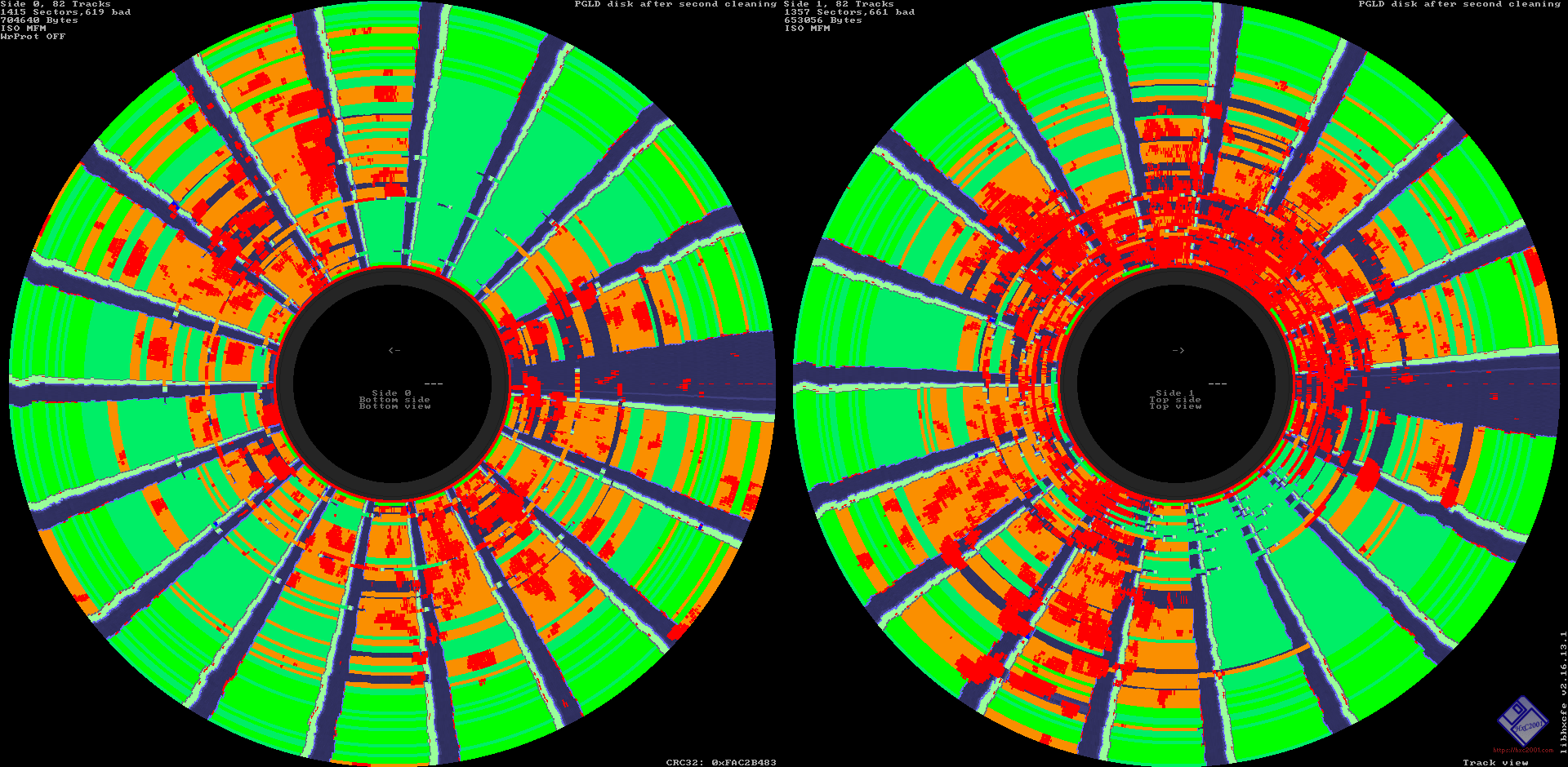 Results after cleaning. You can see that nearly all regions that were previously entirely unreadable now have some data read, even if it isn’t well formatted. The blue spokes are expected!