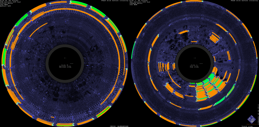 A representation of the data read from the floppy disk prior to cleaning. Blue means no data read at all, orange means badly formatted data, and green means well formatted data.