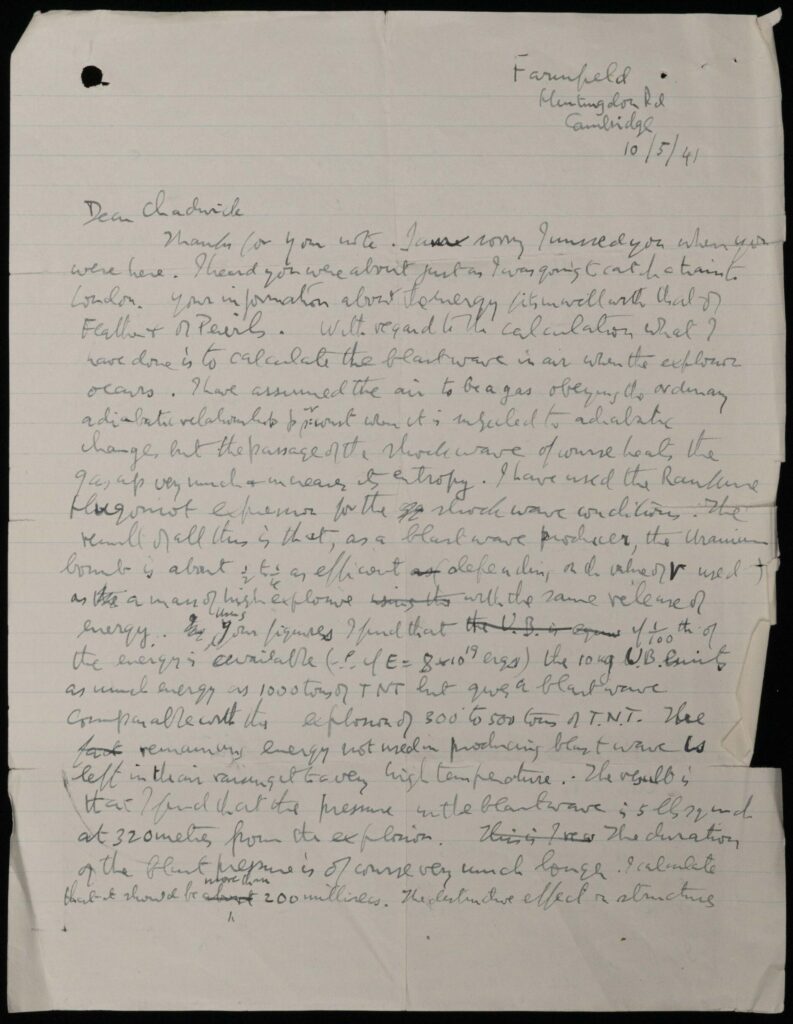 Handwritten letter dated 10 May 1941 addressed to Chadwick 