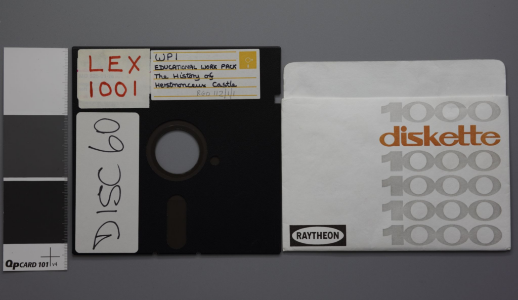 A Lexitron floppy disk in the CULA collections. This is from our Royal Greenwich Observatory Archive. The labels on the floppy disk read ‘WP1 - Educational Work Pack. The History of Herstmonceux Castle’.