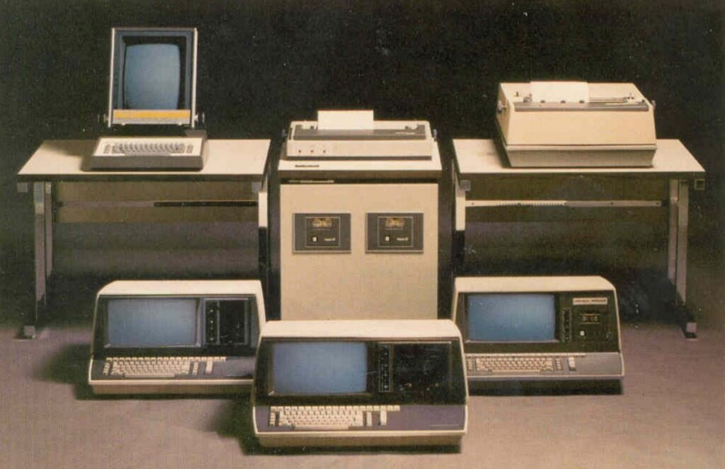 A number of Lexitron word processors and peripherals, this picture is from the Advertisement Leaflet for these machines.