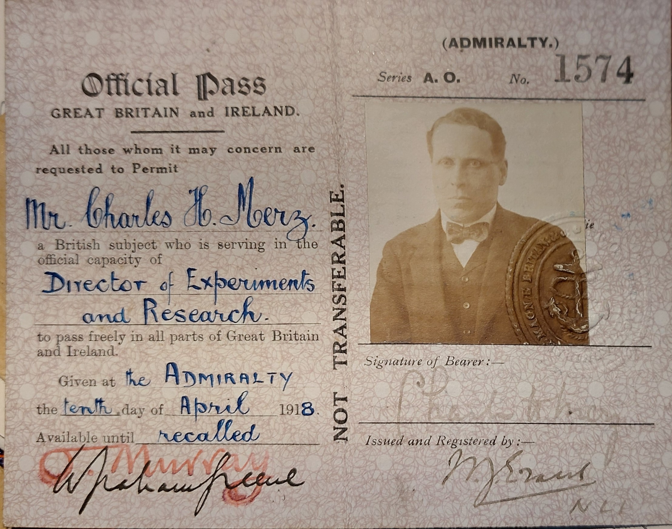 Charles Merz's admiralty pass 1918