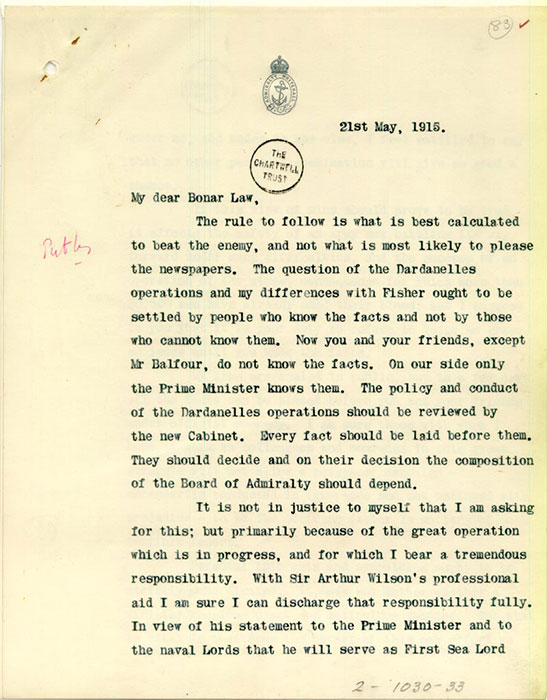 Letter from Churchill to Bonar Law, justifying his role as First Lord of the Admiralty.