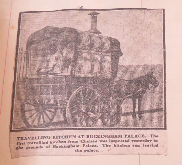 Press cutting with a drawing of the horse-drawn Chelsea travelling kitchen when it visited Buckingham Palace