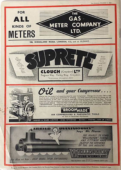 Page of advertisements from the Gas Journal, 1944.