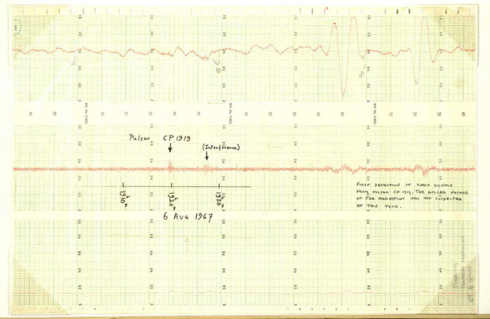 Pulsar chart showing first known signal from a pulsar, 6 August 1967