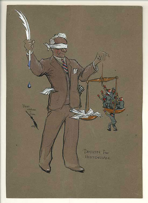 Cartoon in chalks on brown paper, showing a blindfolded figure holding an outsized quill dripping ink in one hand, and a pair of scales with papers in one scale, and tiny figures of men reaching out to the figure, in the other.
