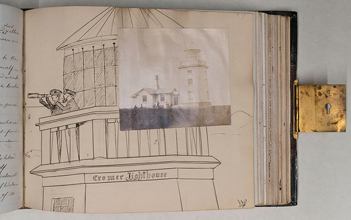 Sketchbook, 1883, showing a sketch and photograph of Cromer lighthouse