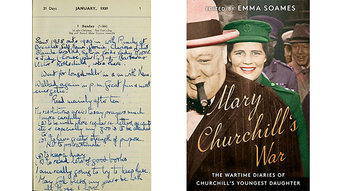 The first page of Mary Churchill's 1939 diary next to a recent publication of her wartime diaries.