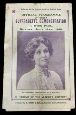 Front cover of a programme for a Suffragette demonstration, 14 July 1912, showing a photo of Mrs Pankhurst