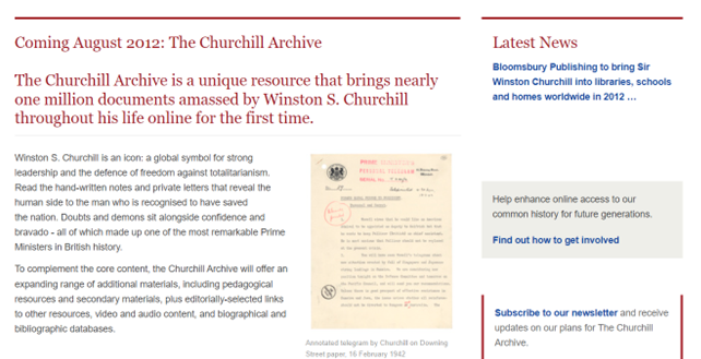 A screenshot of Churchill Archive Online from the Wayback Machine, before its launch in August 2002.