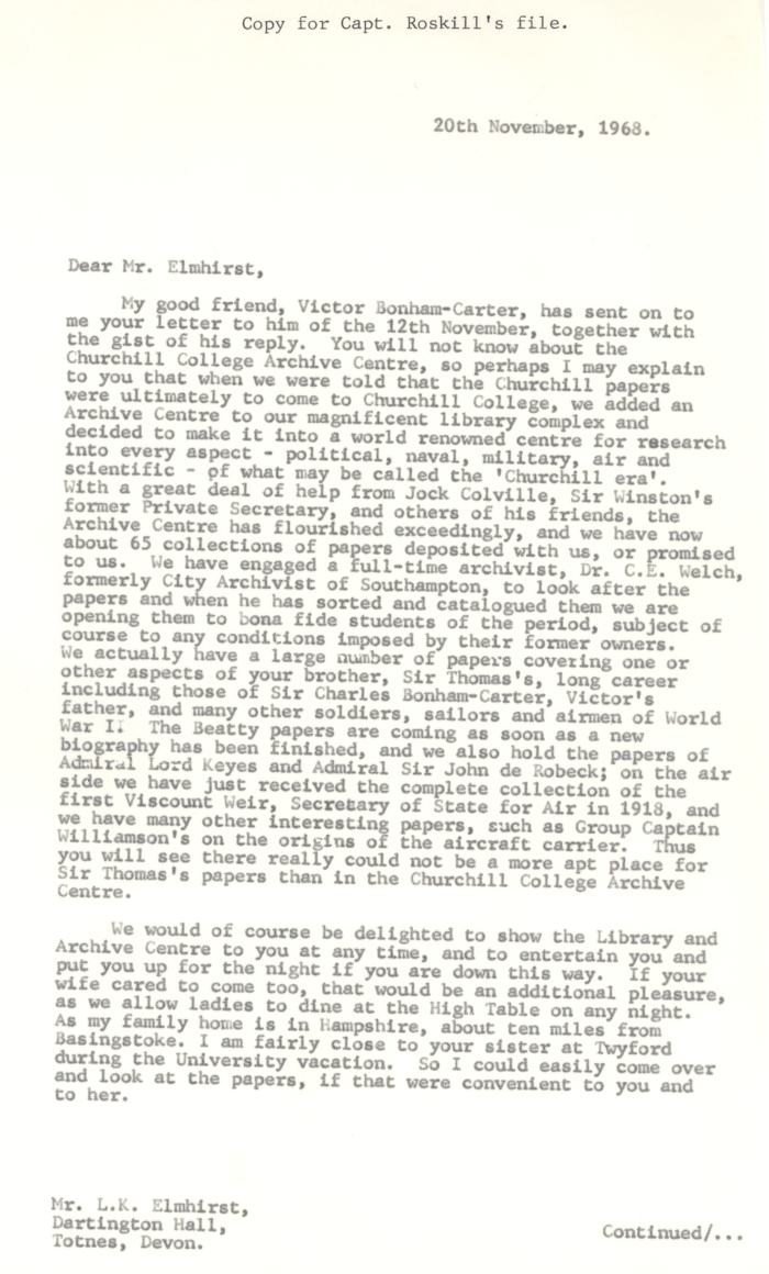 The second page of a letter sent from Stephen Roskill to Montagu Brown giving an overview of Churchill Archives Centre's collections in 1968. ROSK 18/4 Part 1