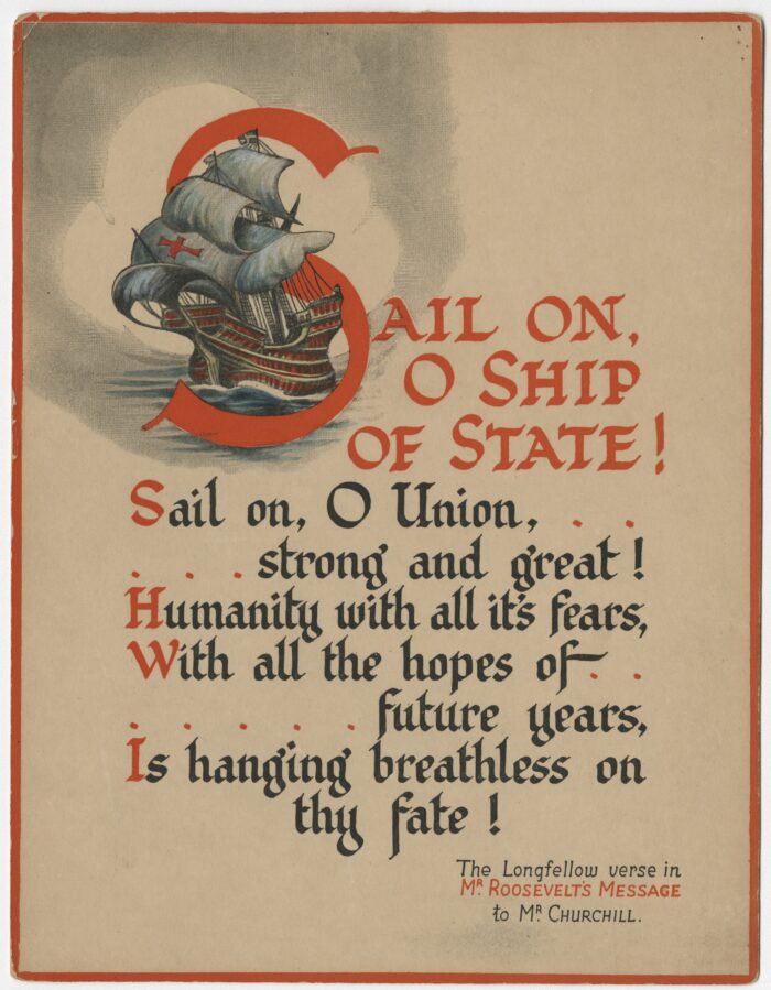Illuminated manuscript style postcard showing a verse from Longfellow, "Sail on O Ship of State"